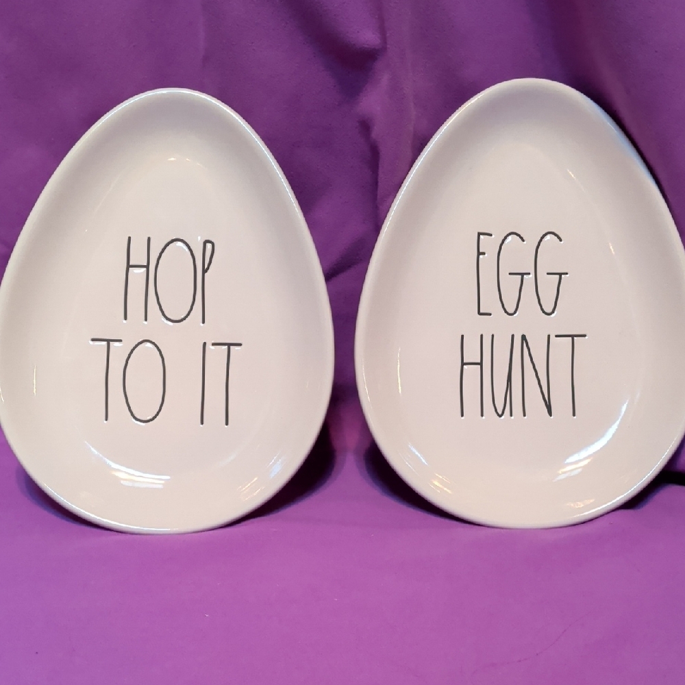 Rae Dunn Cream Egg Plates Set - Hop to It & Egg Hunt